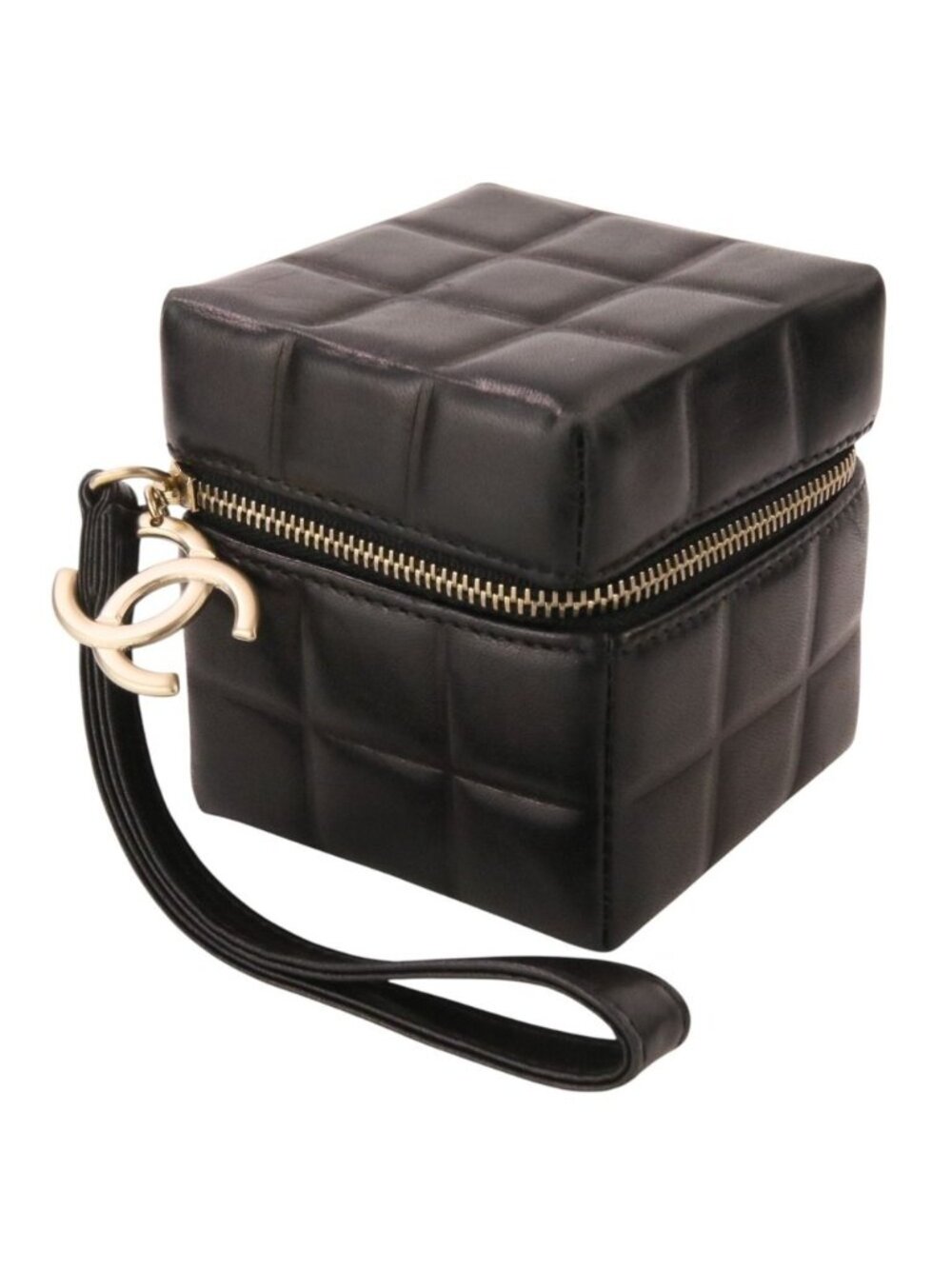 Chanel Wristlet Cube CC Logo Choco Bar Leather Pouch Black